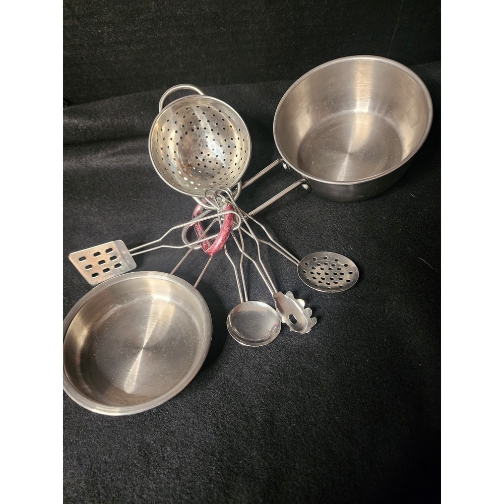 Stainless Steel Toy Kitchen Cookware Set Pots Pans Utensils 7 Piece Pretend Play